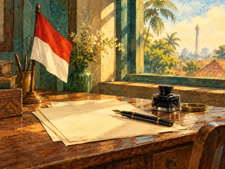 Ilustrasi simbolis meja tulis dan bendera Indonesia.